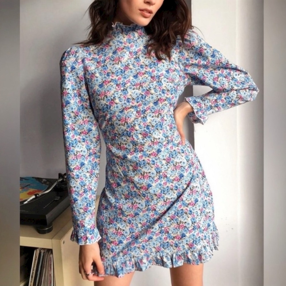 Nasty Gal Floral Puff Sleeve Ruffle‎ Hem Mini Dress Blue Pink Women's 6 NWT